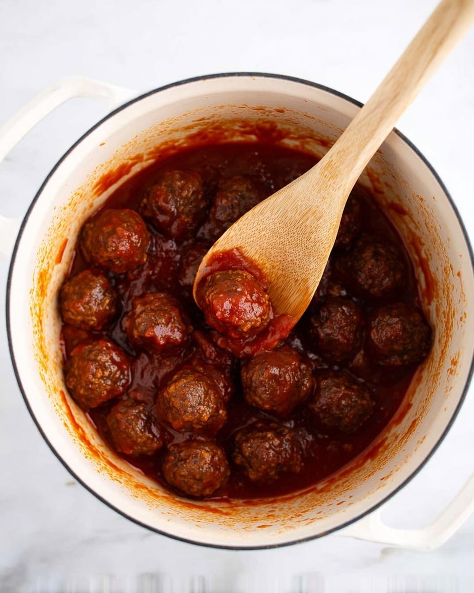 A white pot with dark brown meatballs covered in a thick red sauce, some sauce stains visible on the inner sides of the pot; a wooden spoon is holding a meatball above the others, showing the glossy texture of the sauce and meat, all placed on a white marbled surface photo taken with an iphone --ar 4:5 --v 7
