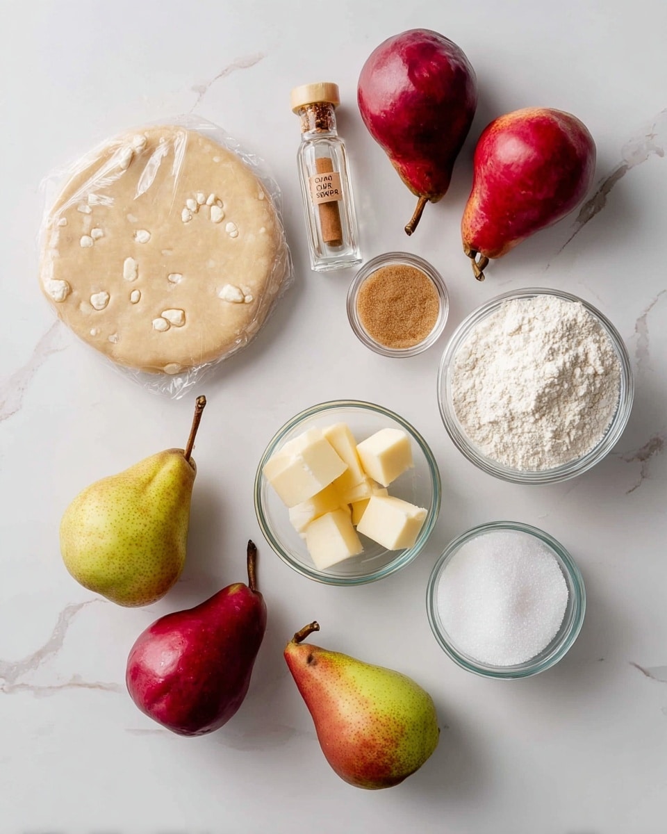 The image shows ingredients placed neatly on a white marbled surface. At the center, there are five pears, three red and two green, scattered loosely. Around them, there are small clear glass bowls and jars: one with cinnamon labeled on a glass bottle, one small bowl with light brown sugar, another small bowl with pieces of pale yellow butter, a larger bowl filled with white flour, a jar filled with white salt, and a bowl of white granulated sugar. On the left side, there is a round wrapped dough disk with visible small white bits inside. The setting is clean and bright, focusing clearly on the ingredients photo taken with an iphone --ar 4:5 --v 7