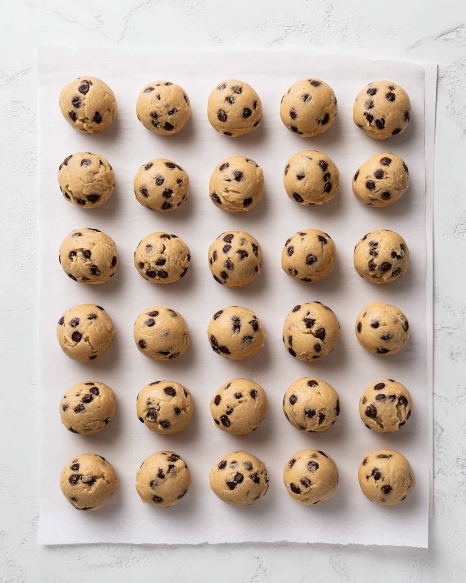 There are 30 round cookie dough balls with dark chocolate chips evenly spaced in five rows and six columns on a white sheet of parchment paper. The dough is light brown, smooth with visible chocolate chips embedded throughout each ball. The parchment paper sits on a white marbled surface, and the lighting is bright and even, highlighting the texture of the dough and the chocolate chips. photo taken with an iphone --ar 4:5 --v 7