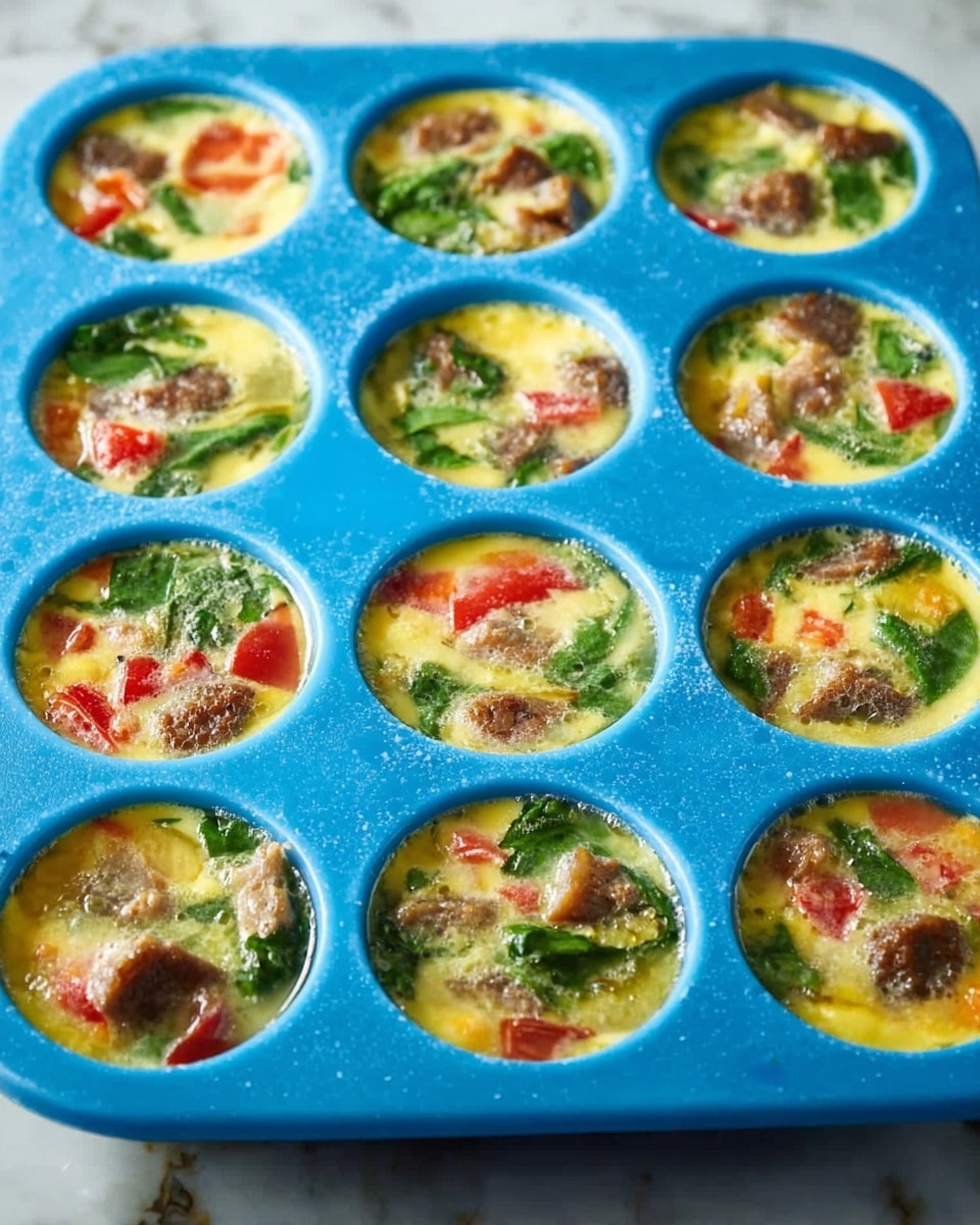 A blue silicone muffin tray holds twelve egg mixture cups ready to bake. Each cup shows a mix of yellow beaten eggs with floating chunks of cooked brown meat, red tomato pieces, and green spinach leaves. The colors are bright and fresh, with the egg mixture filling each cup almost to the rim. The surface beneath the tray is a white marbled texture. photo taken with an iphone --ar 4:5 --v 7