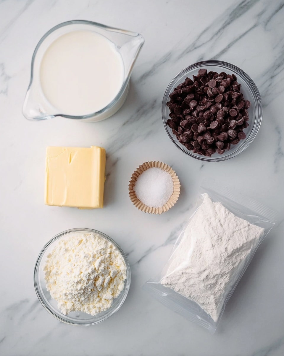A top view of six separate items neatly arranged on a white marbled surface: a large glass container filled with white milk on the top left; a small glass bowl with a square piece of light yellow butter below it; a medium glass bowl with dark brown chocolate chips on the top right; a small paper container holding white sugar near the center; a plastic bag filled with white flour on the bottom right; and a small glass container with white cream near the bottom left. The items are spaced evenly, showing different textures from smooth liquids to solid pieces. photo taken with an iphone --ar 4:5 --v 7
