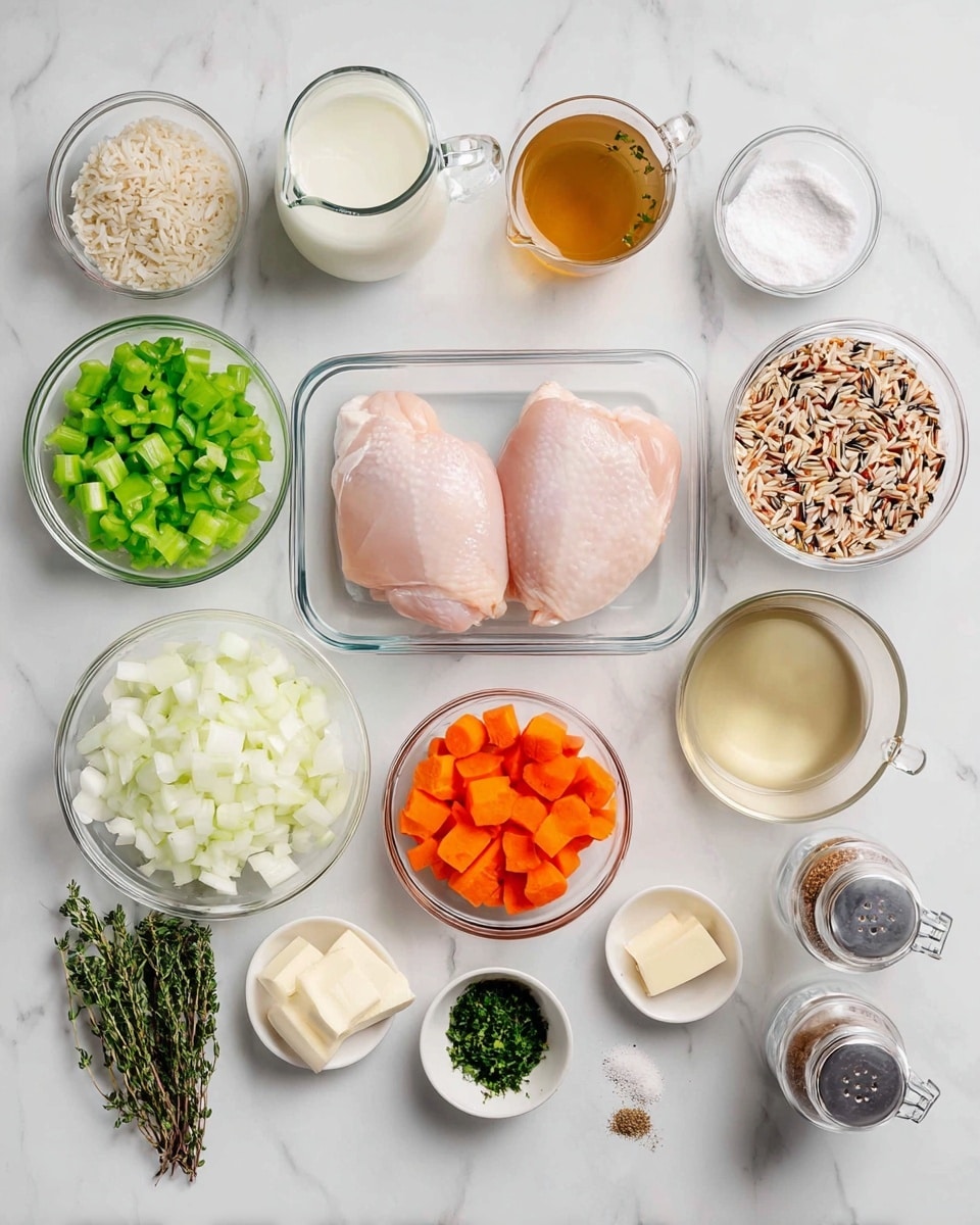 The image shows a clean white marbled surface with several clear glass bowls and measuring cups arranged neatly. At the center is a clear plastic tray holding two raw pink chicken pieces. Surrounding it are bowls with diced white onions, chopped green celery, sliced orange carrots, a small dish of butter cubes, minced garlic, and fresh green thyme sprigs. There are also two measuring cups with clear liquids, one with water and the other with cream, a bowl of mixed wild rice, and a small bowl of white flour. To the side, there are two glass jars, one containing salt and the other ground black pepper. The whole setup is bright and fresh, well-organized for cooking preparation. photo taken with an iphone --ar 4:5 --v 7