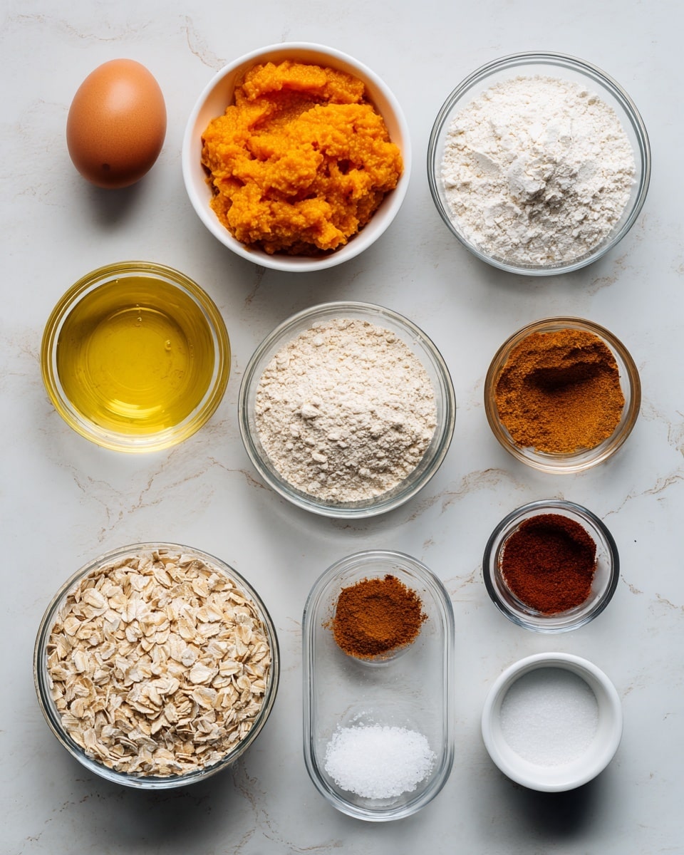 The image shows various ingredients neatly arranged on a white marbled surface. From left to right and top to bottom: a brown egg, a can of yellow pumpkin puree, a clear glass bowl filled with white flour, a clear glass bowl filled with white sugar, a clear glass cup with light yellow oil, a clear glass measuring cup with oats, a small clear bowl with salt, a small clear bowl with dark brown vanilla, another small clear bowl with reddish-brown cinnamon, a small clear bowl with pumpkin spice that is slightly darker, a white container of baking powder with a blue lid, and an orange box of baking soda. The ingredients are viewed from above and are spaced evenly to show each item clearly. photo taken with an iphone --ar 4:5 --v 7