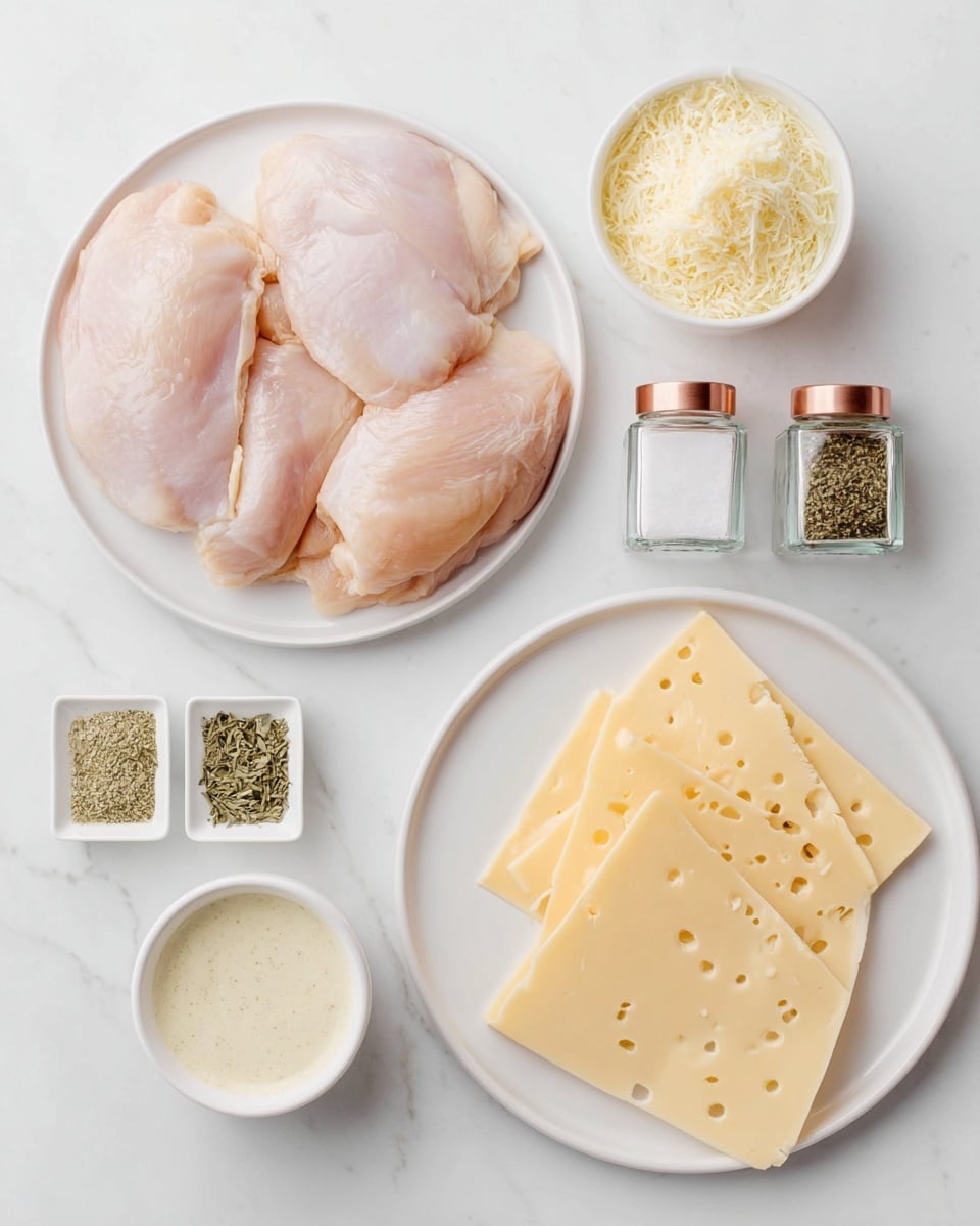 The image shows raw chicken pieces laid out on a round white plate, with pale pinkish tones and a smooth, moist texture. Next to it, there is a white plate with five slices of light yellow cheese that have small holes scattered on the surface. Above the chicken plate, there is a small white bowl filled with grated pale yellow cheese. To the right of this bowl, two clear glass spice jars with rose gold lids contain salt and ground black pepper, each labeled neatly. Below the chicken, two small square white dishes hold dried herbs and a light yellow powder, and next to them is a small round white bowl with a creamy, off-white sauce that looks smooth and thick, all placed on a white marbled texture surface. Photo taken with an iphone --ar 4:5 --v 7