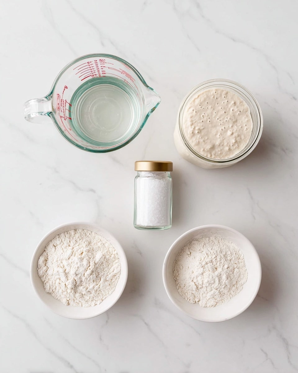 The image shows five containers arranged on a white marbled surface. At the top left is a clear glass measuring cup with water, showing red measurement marks. To the right is a round glass jar filled with bubbly, creamy sourdough starter. Below them, on the left and right sides, are two white bowls filled with white flour, one slightly larger than the other. In the center is a small glass jar with a light gold lid containing white salt. The setup is neat and simple, with all containers spaced evenly. Photo taken with an iphone --ar 4:5 --v 7