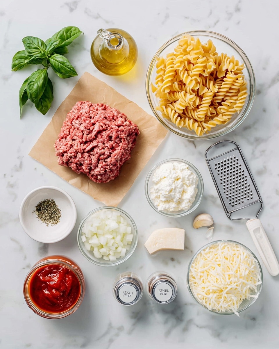 The image shows several cooking ingredients neatly placed on a white marbled surface. In the center, there is a piece of raw ground meat on brown parchment paper. To the upper right, a clear glass bowl holds uncooked twisted pasta in a pale yellow color. Next to it is a clear glass jar of red tomato sauce. In the top left area, a small bunch of fresh green basil leaves rests next to a glass bottle of golden olive oil and a small white dish with dried herbs. Below the meat, on the left side, are three clear bowls: diced white onions, finely grated light-yellow cheese, and creamy white ricotta cheese. A small white dish containing chopped garlic sits between the ricotta and the meat. To the right of the pasta bowl, a white-handled grater rests with a block of white mozzarella cheese and some shredded mozzarella on top. Two clear seasoning jars labeled salt and black pepper ground stand near the cheese. The overall setup is organized, with clear colors and textures that contrast against the bright white marbled surface photo taken with an iphone --ar 4:5 --v 7