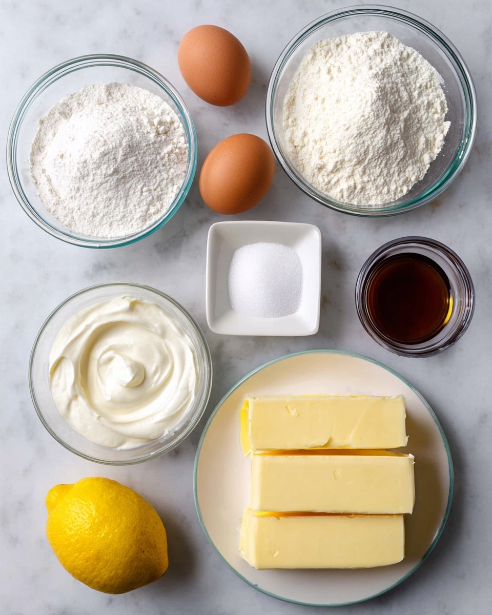 The image shows a collection of baking ingredients neatly arranged on a white marbled surface. There are three transparent glass bowls, one filled with white flour, another with white sugar, and the third containing a dark liquid. Four brown eggs are spread around, with three in one place and one separate. A small round bowl holds white salt, and a white square dish holds some fine white powder. A round container of thick white cream is placed near the center. A bright yellow lemon sits prominently among the ingredients. Lastly, on a white plate, three long blocks of pale yellow butter are stacked side by side. photo taken with an iphone --ar 4:5 --v 7