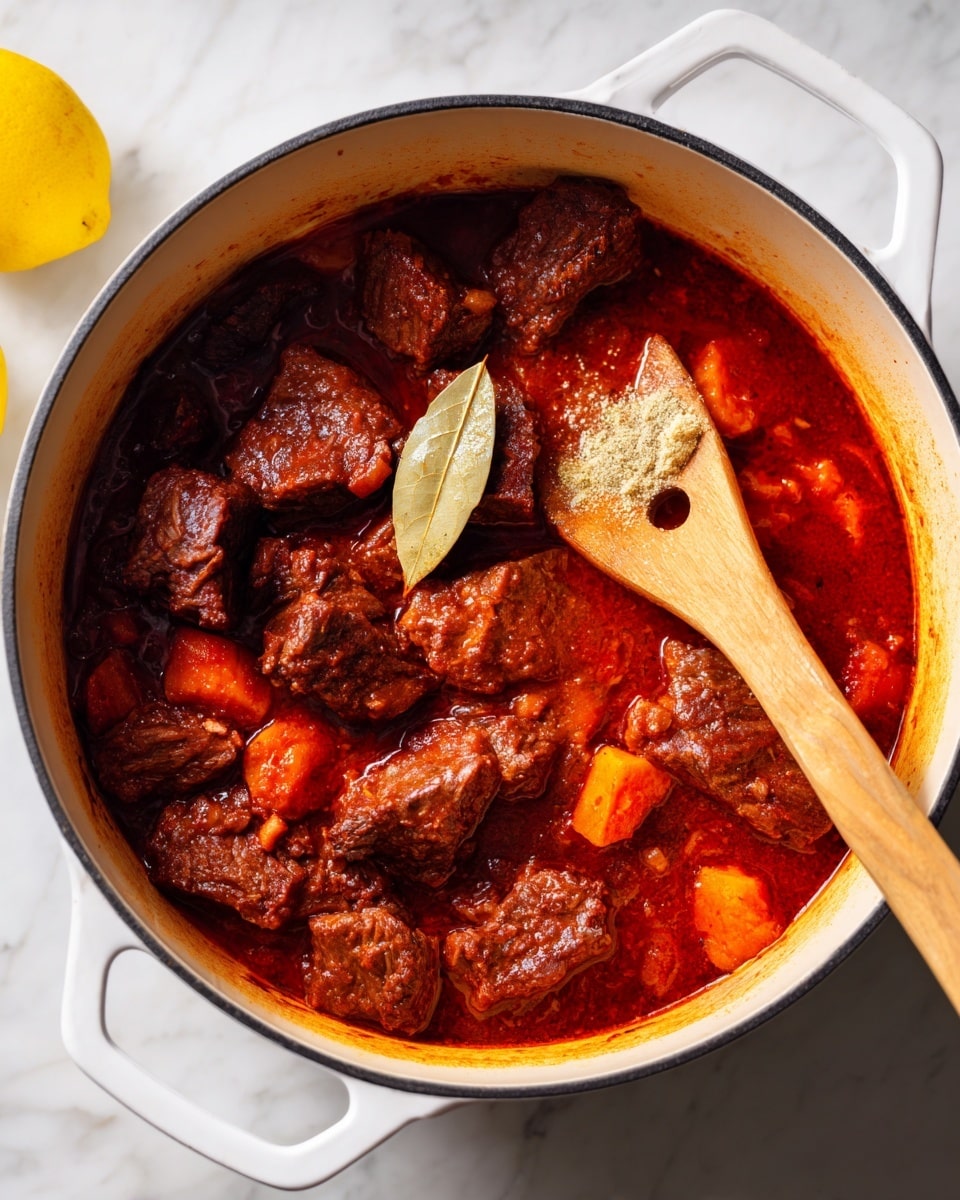 The image shows a white cast iron pot on a white marbled surface filled with a stew. Inside the pot, there are large pieces of brown meat covered in a rich red sauce mixed with orange carrot chunks. On top of the stew is a single beige bay leaf and a small mound of light brown paste. A wooden spoon with a hole near the end rests inside the pot on the right side, stirring the ingredients. A bright yellow lemon is partially visible in the background on the left side. Photo taken with an iphone --ar 4:5 --v 7