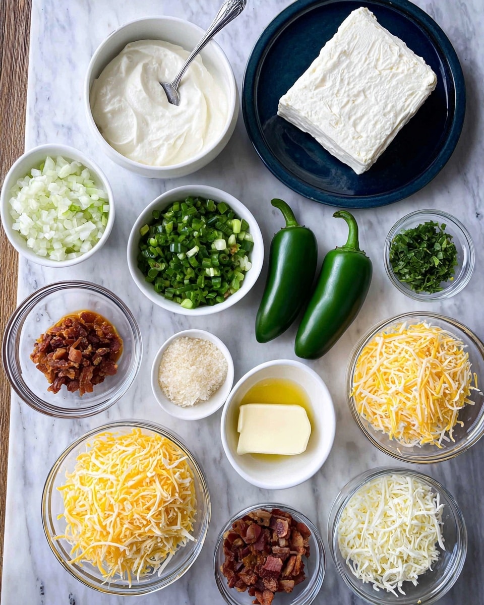 The image shows a top-down view of a collection of cooking ingredients arranged neatly on a white marbled texture. In the center, there are two fresh green jalapeños placed side by side. Surrounding them are small white bowls and clear glass bowls each holding different ingredients: a bowl of creamy white sour cream with a silver spoon, a white bowl with chopped green onions, a clear bowl with green chopped chilies in a reddish sauce, and three clear bowls filled with shredded yellow cheddar cheese, white mozzarella cheese, and another white shredded cheese. There is a dark blue plate holding a large block of white cream cheese. Additional small white square and round dishes contain finely chopped onions, fresh green herbs, diced cooked bacon, and what looks like breadcrumbs or a crumbly white ingredient. Another clear bowl contains melted butter. Everything is placed neatly for a recipe preparation setup, photo taken with an iphone --ar 4:5 --v 7