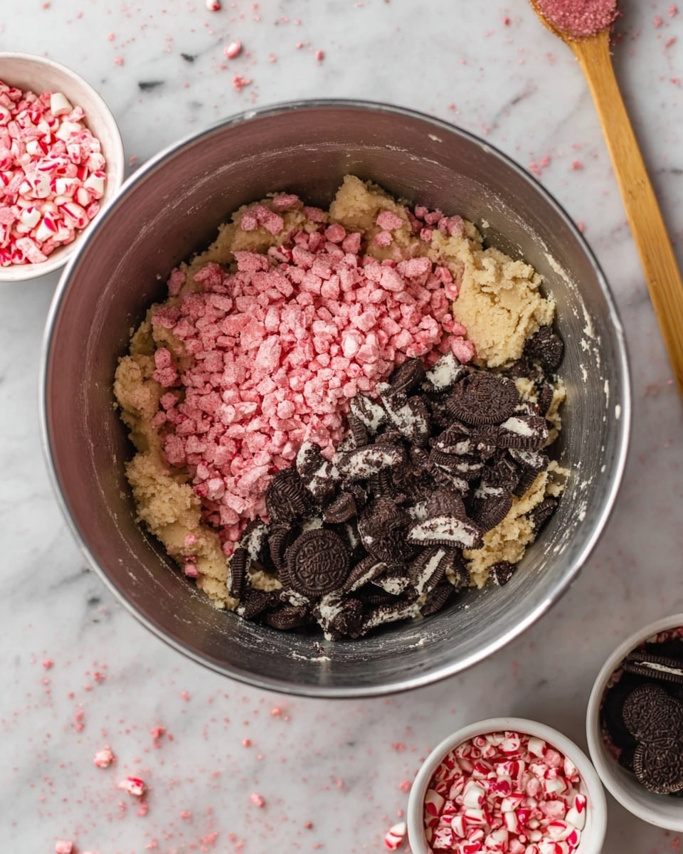 A metal mixing bowl placed on a white marbled surface holds a beige cookie dough base. On top of the dough, on the left half, there is a layer of small pink candy pieces, rough in texture. The right half of the dough is covered with a layer of broken dark chocolate sandwich cookies, showing white cream inside. Around the bowl, there are two small white bowls filled with similar pink candy pieces, one at the top right with a wooden spoon resting on it. The scene has a casual baking setup with some scattered pink candy pieces on the surface photo taken with an iphone --ar 4:5 --v 7