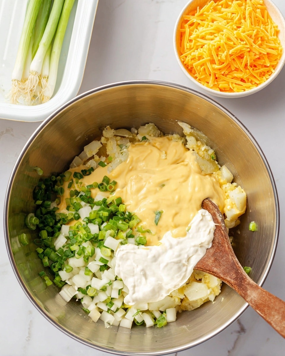 In a shiny metal bowl, there are four main layers: at the bottom, small white diced pieces that look like potatoes, on top of them a smooth, light yellow creamy sauce, then a thick white creamy dollop, and fresh, bright green chopped scallions scattered over all. A wooden spoon rests on the edge inside the bowl. Next to the bowl, on a white marbled surface, is a small white bowl filled with a bright orange shredded cheese, and on the right edge are a few whole green onions. The background shows a white baking dish on the left top corner. photo taken with an iphone --ar 4:5 --v 7