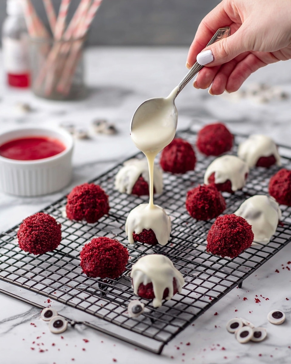 The image shows a black wire cooling rack on a white marbled surface with eleven rough red balls arranged in three rows. The balls have a crumbly texture and a vibrant dark red color. The front row of three balls is fully covered with smooth white melted coating that drips down slightly onto the rack. In the middle row, a woman's hand with white nail polish holds a spoon that is pouring the same white coating over one red ball, coating it halfway. Around the rack are scattered white and black candy eyes and a white bowl with red liquid and a spoon. The background is softly blurred with a bottle of food coloring and a container of toothpicks visible. photo taken with an iphone --ar 4:5 --v 7