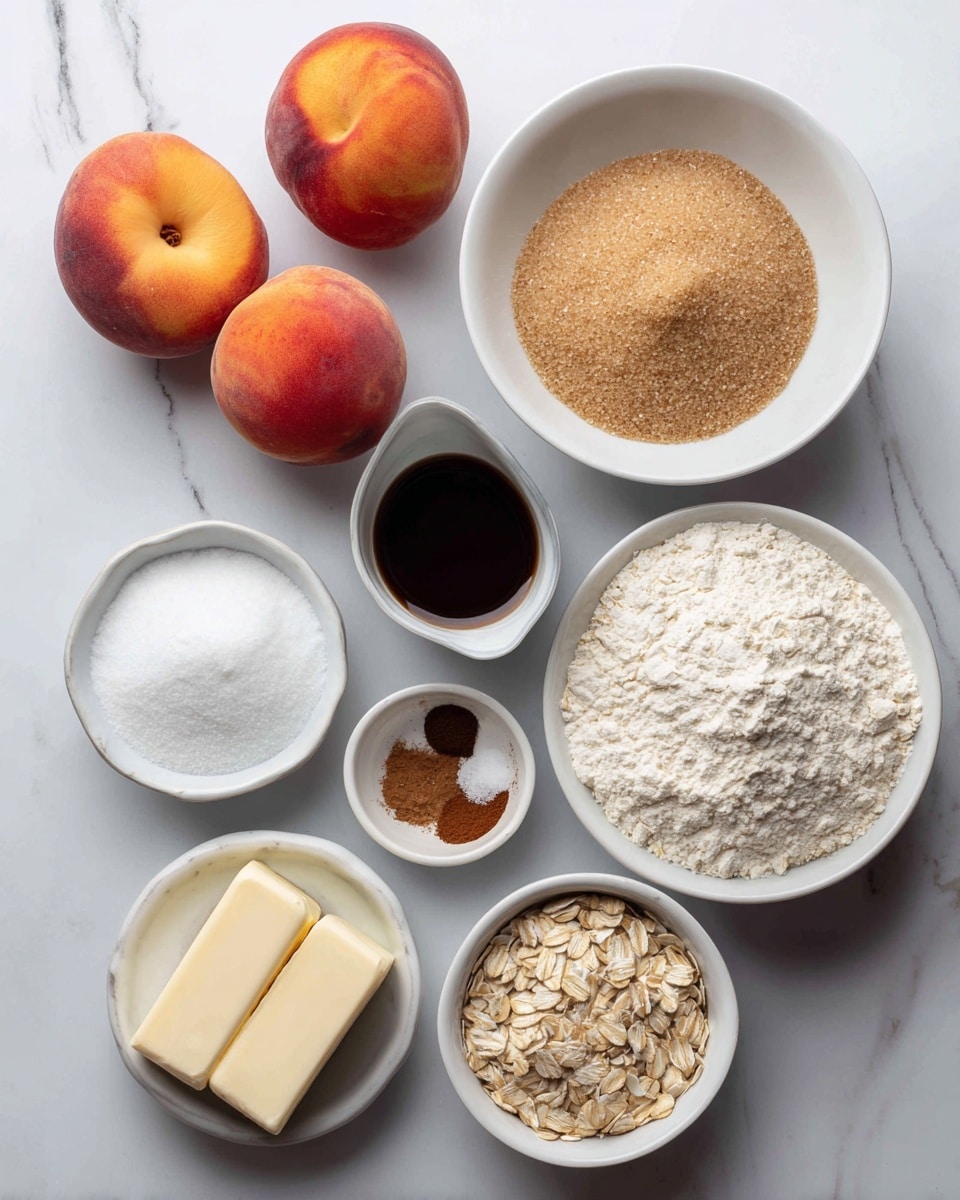The image shows an arrangement of cooking ingredients on a white marbled surface. There are three whole peaches with a soft orange and red fuzzy skin placed on the top left. To the right, there is a white bowl filled with light brown, granulated brown sugar. Below that is a small white cup holding a dark brown vanilla extract. In the center, a larger white bowl contains white flour with a soft, powdery texture. To the bottom right is a white bowl full of pale, flattened rolled oats. Left of it is a small white bowl holding white granulated sugar. Further left is a small bowl with dark brown cinnamon and a lighter brown nutmeg powder. Lastly, two sticks of unsalted butter wrapped in blue and white paper sit at the bottom left. photo taken with an iphone --ar 4:5 --v 7