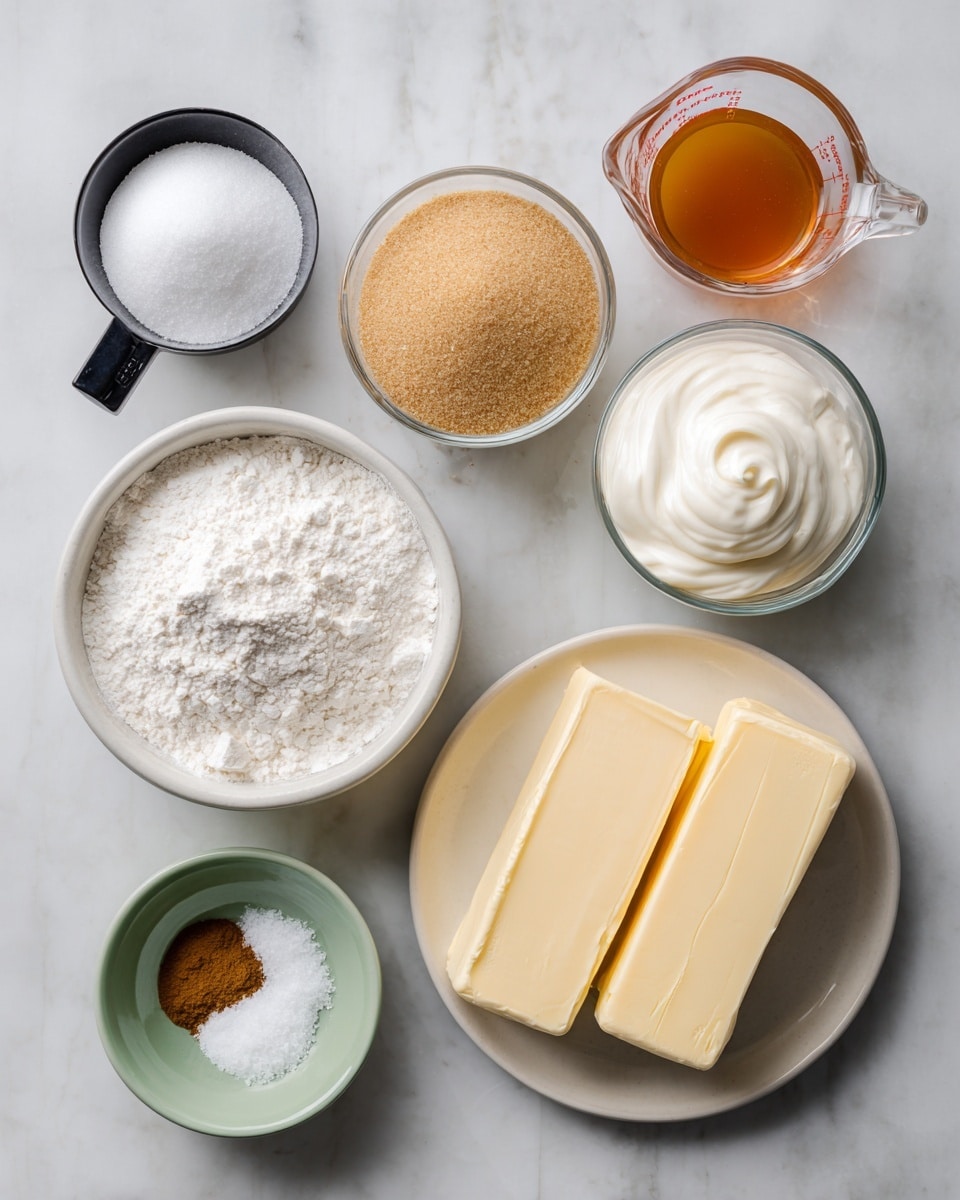 Several ingredients are arranged neatly on a white marbled surface. There are two blocks of pale yellow butter stacked side by side at the bottom right. Next to them, a white bowl filled with white flour is placed at the bottom left. Above the flour, a white bowl holds a mix of white sugar and light brown sugar. To the left of the butter, a black measuring cup is filled with light brown sugar. Above that, there are two clear glass measuring cups; one filled with amber apple cider at the top right and another with creamy white heavy whipping cream just below it. Between the measuring cups and the flour bowl, a small pale green bowl contains a mix of cinnamon powder and flaky salt. All the items are photographed under natural light. Photo taken with an iphone --ar 4:5 --v 7