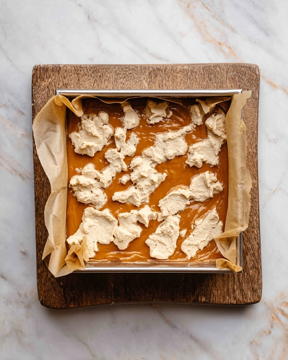 A square metal baking pan lined with parchment paper sits on a wooden board over a white marbled surface. Inside the pan is a dessert with two layers: the bottom layer is a smooth, shiny, deep amber color, and on top are uneven dollops of a light beige dough-like mixture scattered across the surface, partially covering the amber layer. The edges of the parchment paper fold over the sides of the pan, and the overall look is rustic and homemade. Photo taken with an iphone --ar 4:5 --v 7