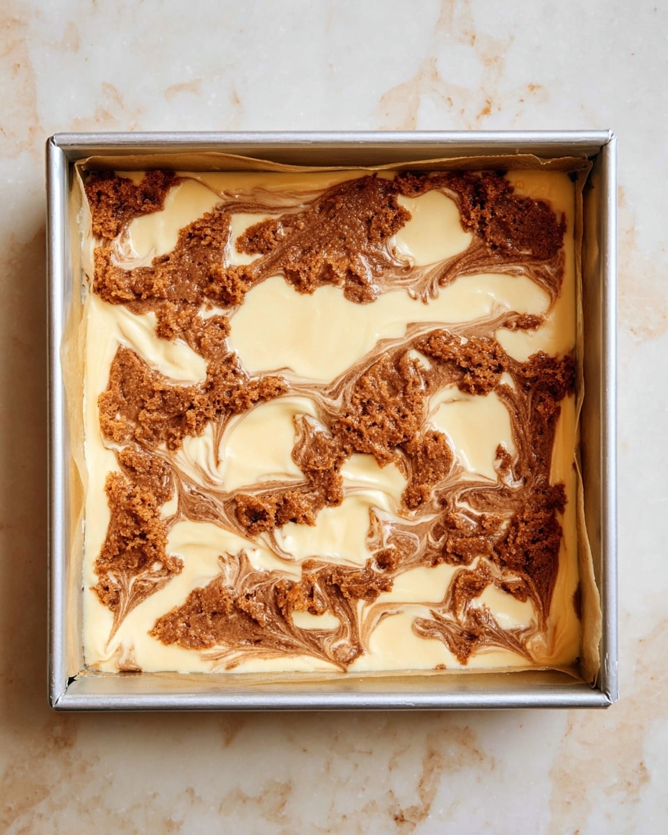 A square metal baking pan lined with parchment paper filled with a base layer of smooth, light cream-colored batter. On top of this batter are uneven dollops of a darker brown mixture with a rough, fibrous texture, spread out irregularly across the surface. The contrast between the creamy base and the rough brown dollops creates a marbled effect. The pan sits on a white marbled surface. photo taken with an iphone --ar 4:5 --v 7