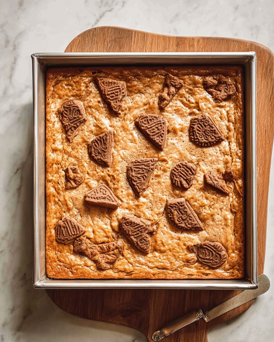 A square silver baking tray holds a thick, golden-brown baked dessert with a slightly bumpy texture. Scattered across the top are broken pieces of darker brown cookies with detailed designs, embedded partially into the dessert's surface. The tray sits on a wooden chopping board, and the whole scene is set on a white marbled surface. photo taken with an iphone --ar 4:5 --v 7