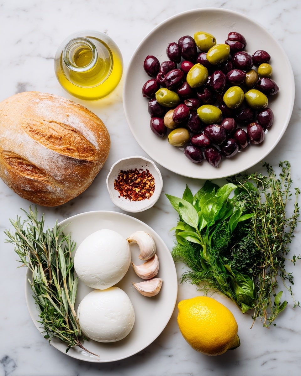 The image shows ingredients arranged neatly on a white marbled surface, including a large white plate filled with a mix of shiny dark purple and green olives on the top right. Below the olives, there is a small white bowl containing red pepper flakes. To the left, a white plate holds two round, soft white burrata cheeses. Beside the burrata, a golden-brown crusty bread loaf lays. On the top left of the image is a clear glass bottle of golden olive oil. Below that, a whole yellow onion and three garlic cloves are placed on the surface. On the bottom right, another white plate holds fresh green herbs, including rosemary, basil, thyme, and dill, with a bright yellow lemon next to it. The overall layout is clean and bright. photo taken with an iphone --ar 4:5 --v 7