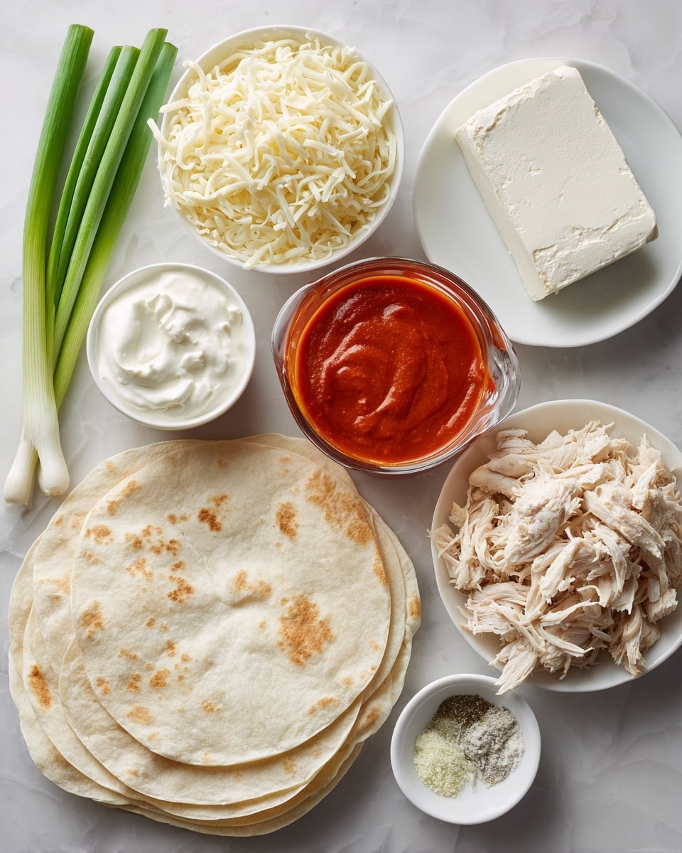 The image shows ingredients for a buffalo chicken dish spread out on a white marbled surface. There are four light beige tortillas stacked at the bottom of the image. Above them, on the right, a white plate holds a block of cream cheese. To the left, a white bowl contains a mix of sour cream and mayo, both off-white and creamy in texture. Above that, another white bowl is filled with shredded mozzarella cheese that is pale yellow and finely shredded. Next to the cheese, fresh green scallions with white roots lie diagonally on the left edge. In the top center, a glass measuring cup holds bright red buffalo sauce, and another glass measuring cup to the right contains shredded cooked chicken, light beige with visible soft strands. A small white bowl next to the chicken has ranch seasoning, showing two piles of dry powder, one white and the other light green. The setup is clean and organized. Photo taken with an iphone --ar 4:5 --v 7