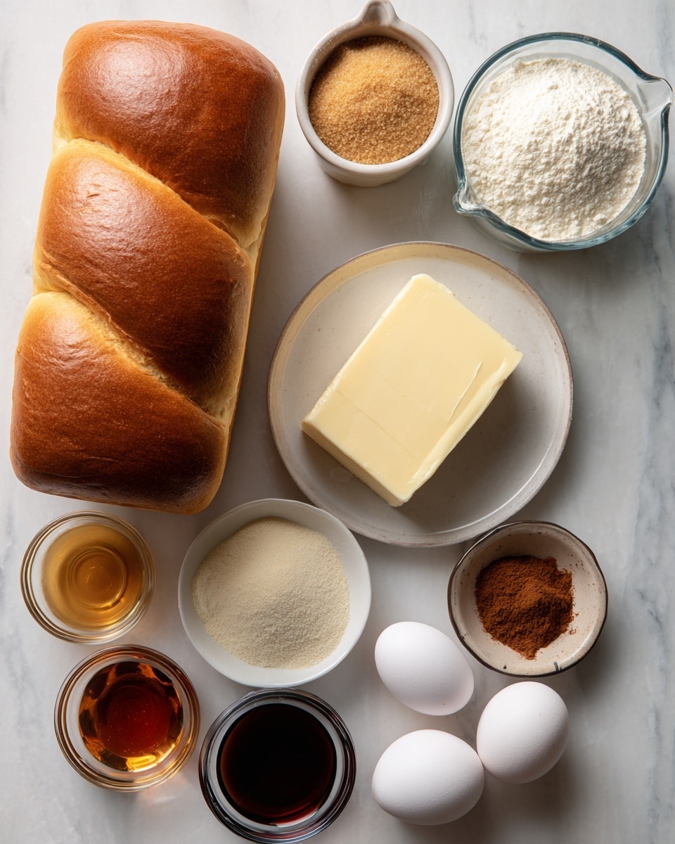 A large loaf of golden bakery bread lies across the top left on a white marbled surface. Below the bread, a small white bowl is filled with light brown brown sugar, while to the right, a clear glass measuring cup holds creamy white eggnog. Near the center left, a small glass cup contains amber bourbon, and below it, a small clear bowl has dark brown vanilla liquid. A white plate holds a thick square of pale unsalted butter in the center. To the right of the butter, a small brown bowl contains warm brown nutmeg powder, next to it a similar bowl fills with cinnamon powder of a slightly lighter brown color. In the lower right corner, a white bowl holds four white eggs. Near the eggs, a clear glass cup contains dark amber maple syrup. All items are arranged neatly on the white marbled surface photo taken with an iphone --ar 4:5 --v 7