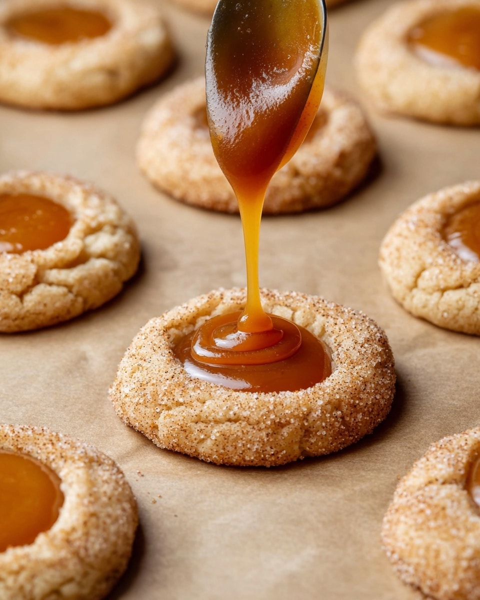 The image shows a close-up of round cookies with a dimple in the center, placed on a light brown baking paper. The cookies are golden brown with a slightly rough texture, coated in a speckled cinnamon sugar layer. A thick, shiny caramel sauce with a smooth texture is being poured from a spoon into the dimpled center of one cookie. The caramel pools gently in the middle, creating a glossy amber layer that contrasts with the matte cookie base. The cookies are arranged in a loose grid pattern, and the scene is shot on a white marbled texture. photo taken with an iphone --ar 4:5 --v 7