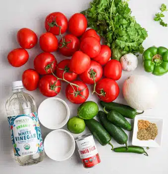 Homemade Canning Salsa Recipe 4 The image shows many fresh ingredients placed neatly on a white marbled surface, including a bunch of bright red tomatoes still on the vine, a large white onion, a green bell pepper, several fresh green jalapeño peppers, two whole limes, a bunch of fresh green cilantro, and a bulb of garlic. There are also small white bowls filled with white and brown seasonings, a small square white dish with mixed spices, a small can of tomato paste, and a large clear bottle of organic white vinegar with a colorful label. The colors are bright and vibrant, arranged spread out in an organized way for easy viewing. Photo taken with an iphone --ar 4:5 --v 7