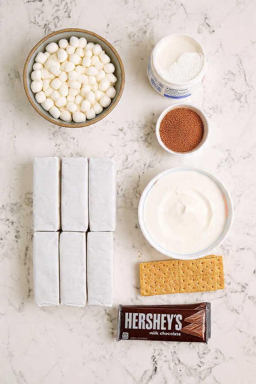 A top view of several ingredients on a white marbled surface arranged neatly in rectangular rows and columns, including a gray bowl filled with small white marshmallows at the top left, a white container with powdered sugar or cream at the top right, a small white bowl with cocoa powder below the container, a white bowl with thick white cream toward the bottom right, six white wrapped sticks lined up in two rows on the left side below the bowl of marshmallows, four square graham crackers next to the bowl of cream, and a Hershey’s milk chocolate bar wrapped in brown foil placed at the bottom center; all ingredients are spaced evenly with clear visibility photo taken with an iphone --ar 4:5 --v 7