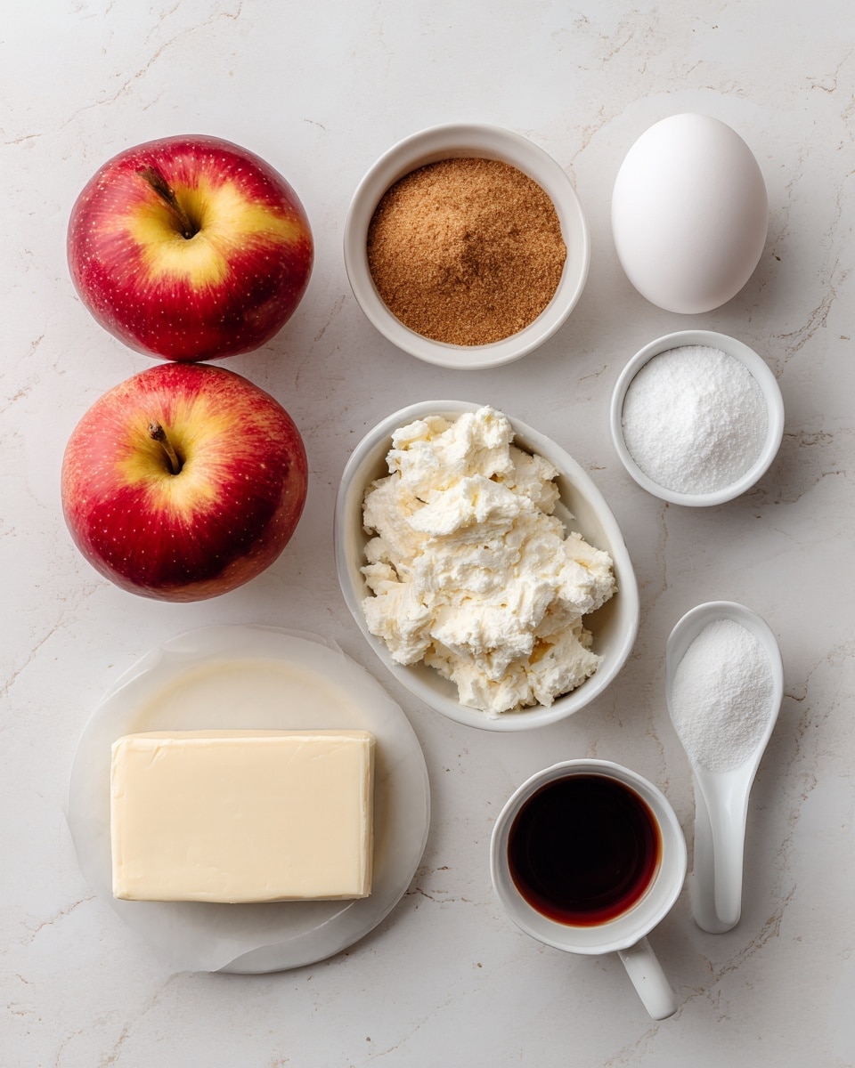 A collection of ingredients is arranged neatly on a white marbled texture surface. There are two red and yellow apples placed close together on the left side. Beside them, a small white bowl holds a light brown mix of brown sugar and cinnamon. To the right of the bowl, a white egg lies alone. Below the apples, a small white bowl contains a block of cream cheese. Next to it, a small white spoon dish holds white granulated sugar, and another similar dish contains white cornstarch. Toward the bottom right, a small white cup is filled with dark brown vanilla extract. At the bottom left, a folded sheet of pale yellow puff pastry is placed flat. The overall arrangement looks clean and organized. photo taken with an iphone --ar 4:5 --v 7