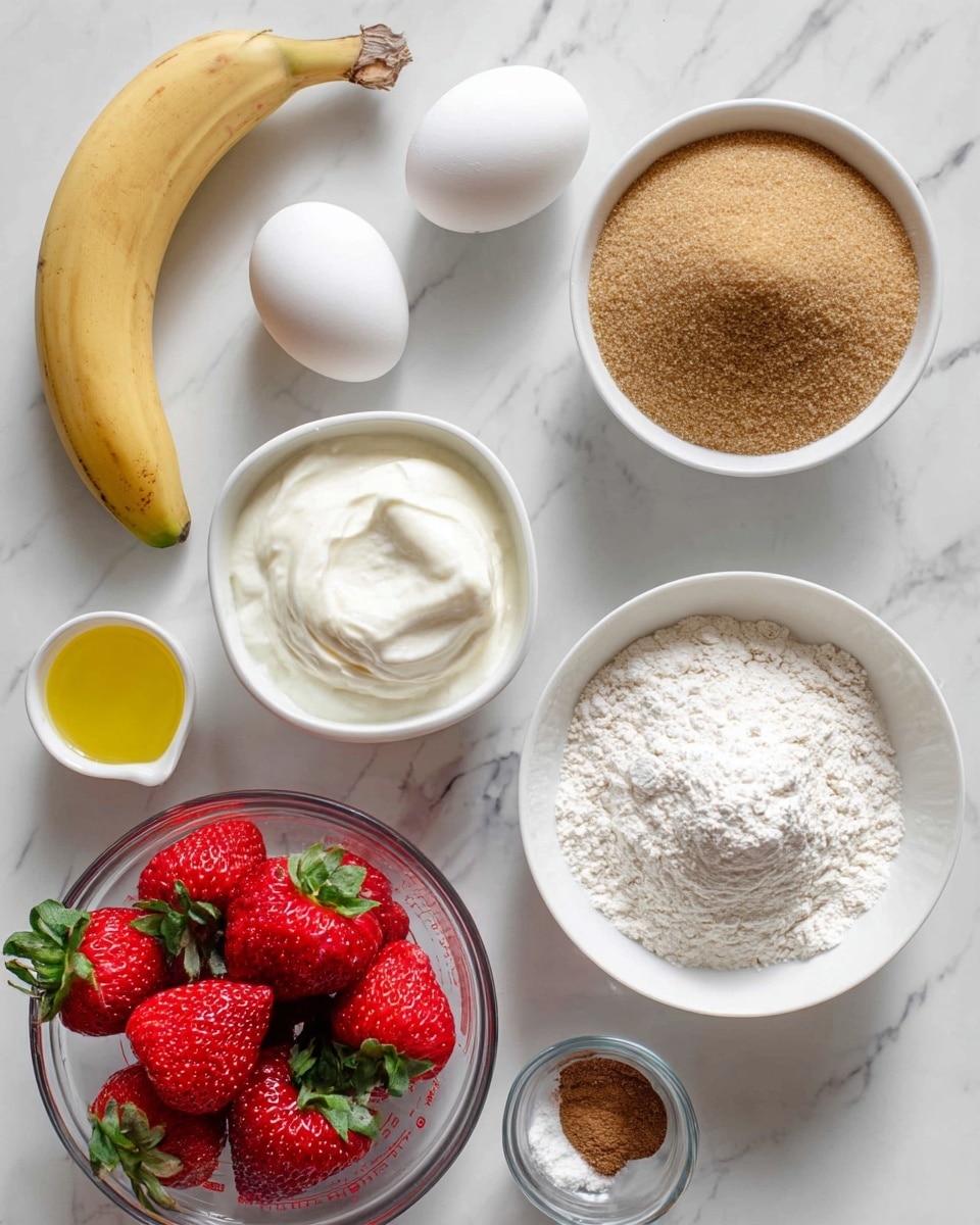 The image shows an overhead view of ingredients arranged on a white marbled surface. There is a peeled banana in the top left, two whole white eggs near the bottom left, a small white bowl with white thick cream or yogurt in the center, a larger white bowl filled with light brown sugar in the top right, and a small measuring cup with yellow oil next to it. Below, there is a white bowl filled with white powder flour on the right, a small container with brown and white powdered spices in the middle, and a clear glass measuring cup filled with fresh red strawberries with green leaves at the bottom left. All items are presented clearly and neatly. Photo taken with an iphone --ar 4:5 --v 7