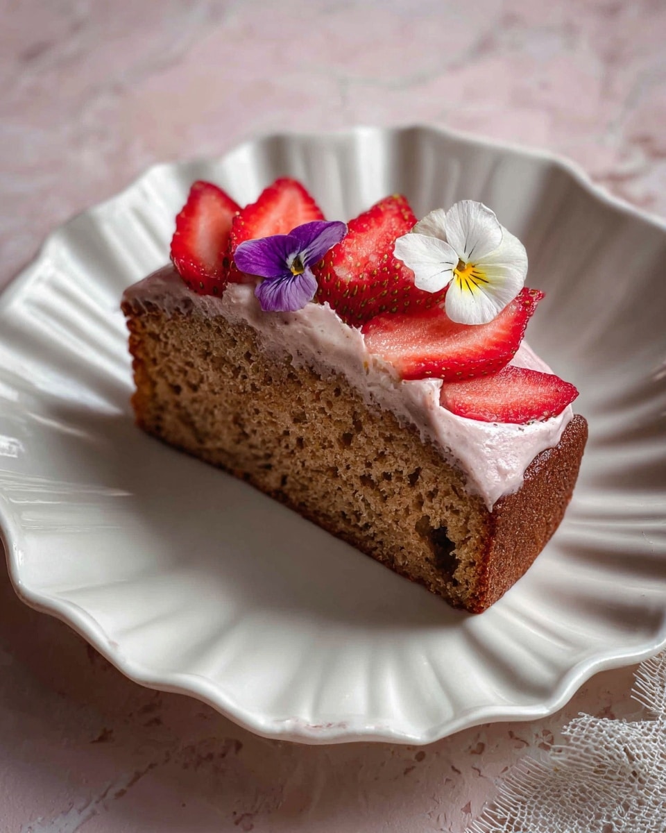 A single slice of brown, moist textured cake with small holes is placed on a white plate with a wavy edge. On top of the cake is a layer of light pink cream, topped with thin red strawberry slices and two small white edible flowers with yellow and purple centers. The background shows a white marbled texture beneath the plate. photo taken with an iphone --ar 4:5 --v 7