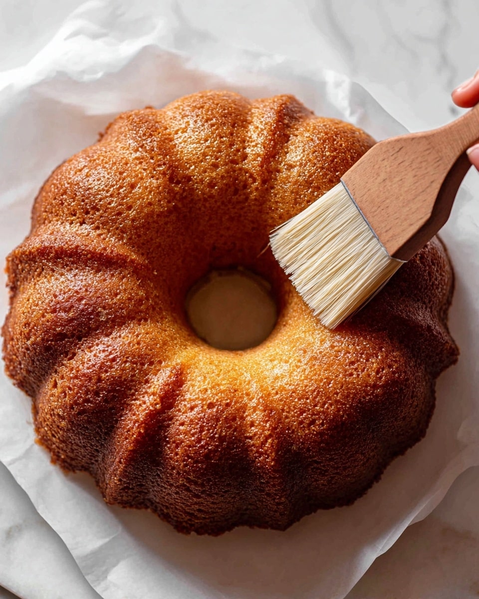 A golden brown bundt cake with a textured, slightly crisp surface sits centered on white parchment paper on a white marbled surface. Its round shape features a central hollow hole and scalloped edges that create a detailed pattern. A woman's hand holds a natural wood brush with beige bristles and a simple brown band, gently brushing the top of the cake to add a shiny finish. The lighting softly highlights the warm color of the cake. photo taken with an iphone --ar 4:5 --v 7