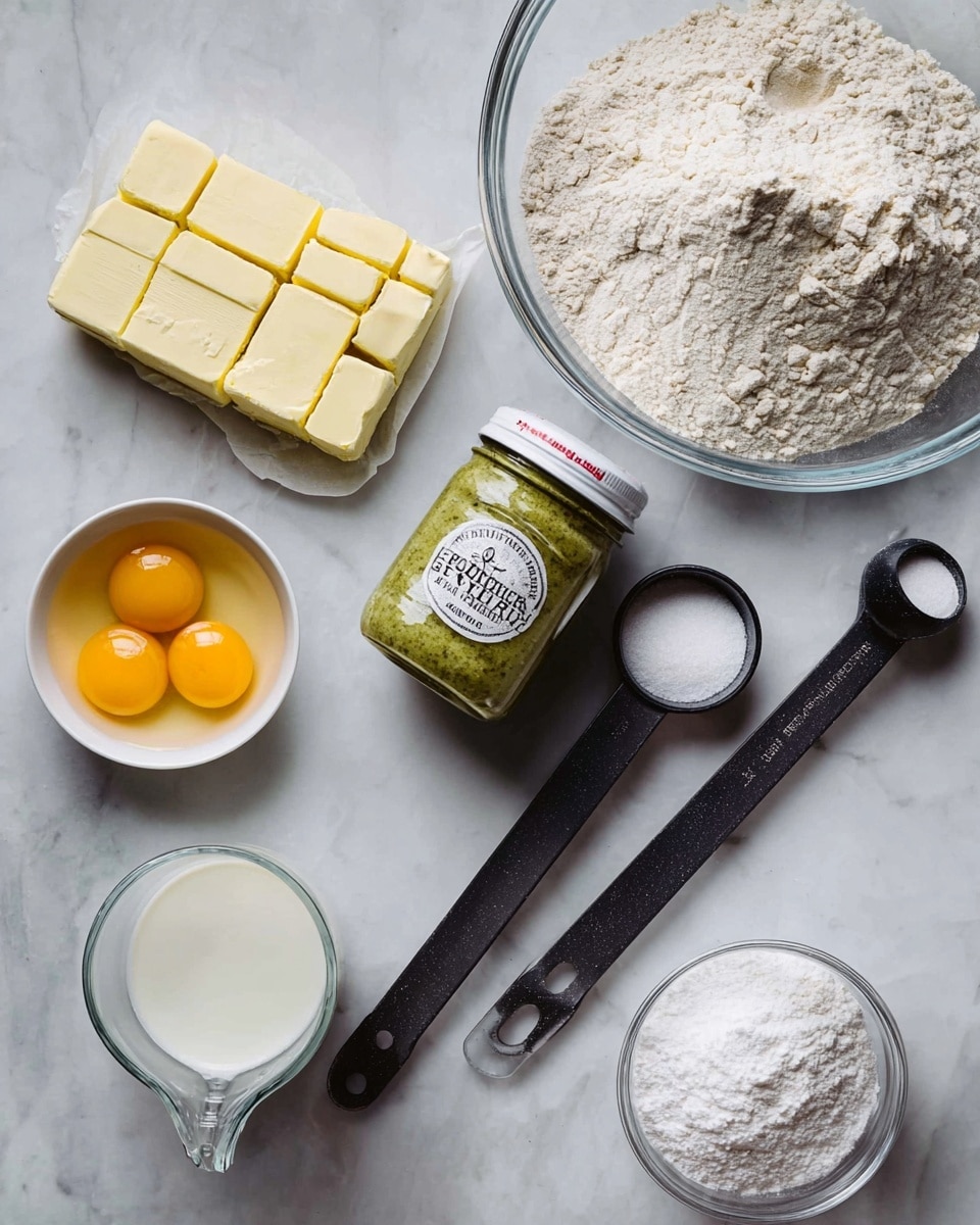 A top view of baking ingredients placed on a white marbled surface, showing a large clear glass bowl filled with sifted flour at the top right, a partially unwrapped stick of butter cut into eight yellow chunks on the top left, and a jar of green pistachio butter with a white lid on the right center. Below the butter are two black measuring spoons; one filled with white sugar and the other with dry yeast powder. At the bottom left is a small white bowl with two raw egg yolks, and next to it is a clear glass measuring cup containing white milk. At the bottom right is a small white bowl filled with powdered sugar. photo taken with an iphone --ar 4:5 --v 7