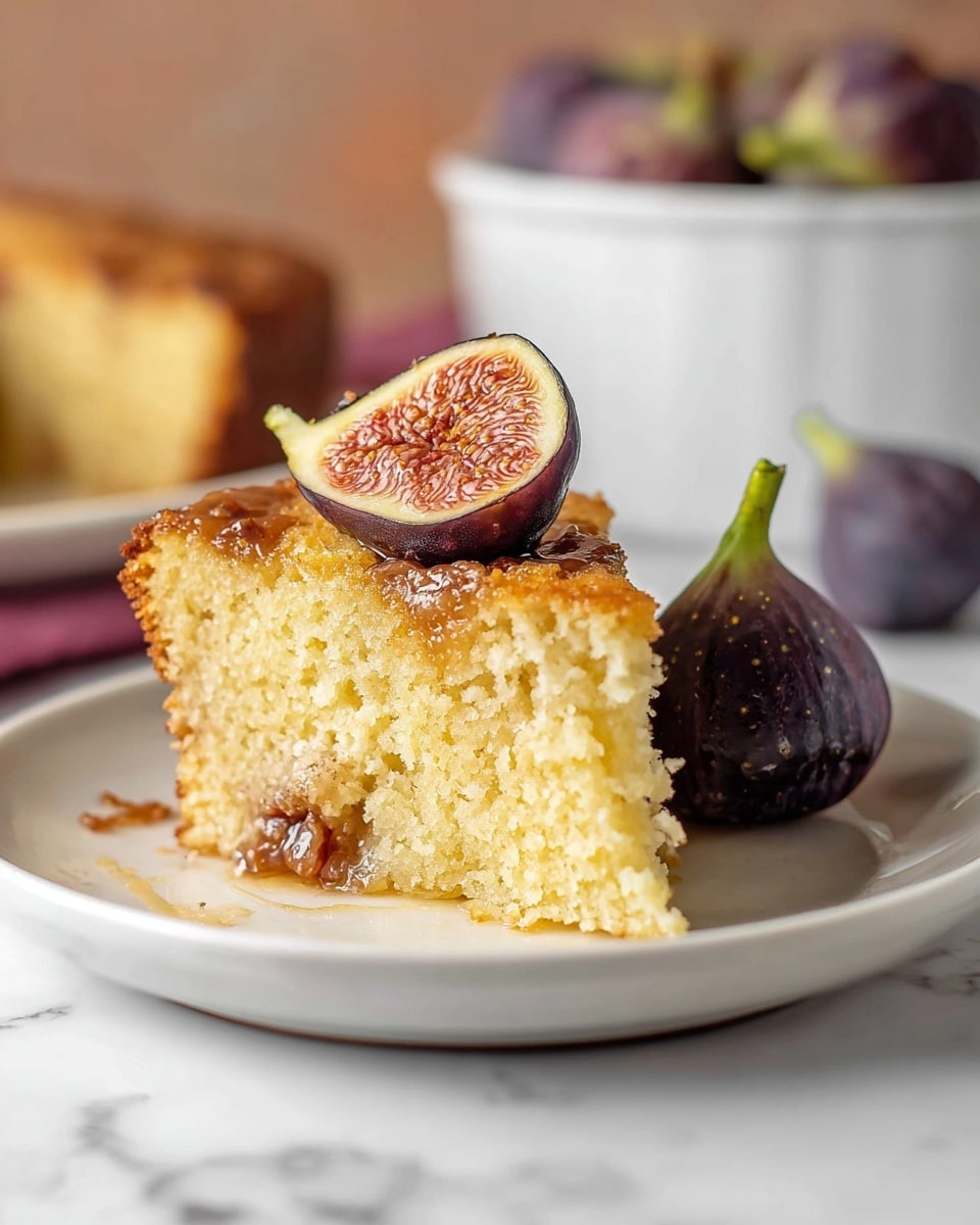 A single slice of moist, light yellow cake sits on a white plate; the cake has a rough, crumbly texture and a slightly browned bottom edge. On top of the cake slice is a glazed half of a ripe fig with visible seeds and a shiny, syrupy coating. Next to the cake slice on the plate is a whole fig with a dark purple skin and a short green stem. The background shows an out-of-focus white cake tin and parts of more figs, with the scene set on a white marbled surface. Photo taken with an iphone --ar 4:5 --v 7