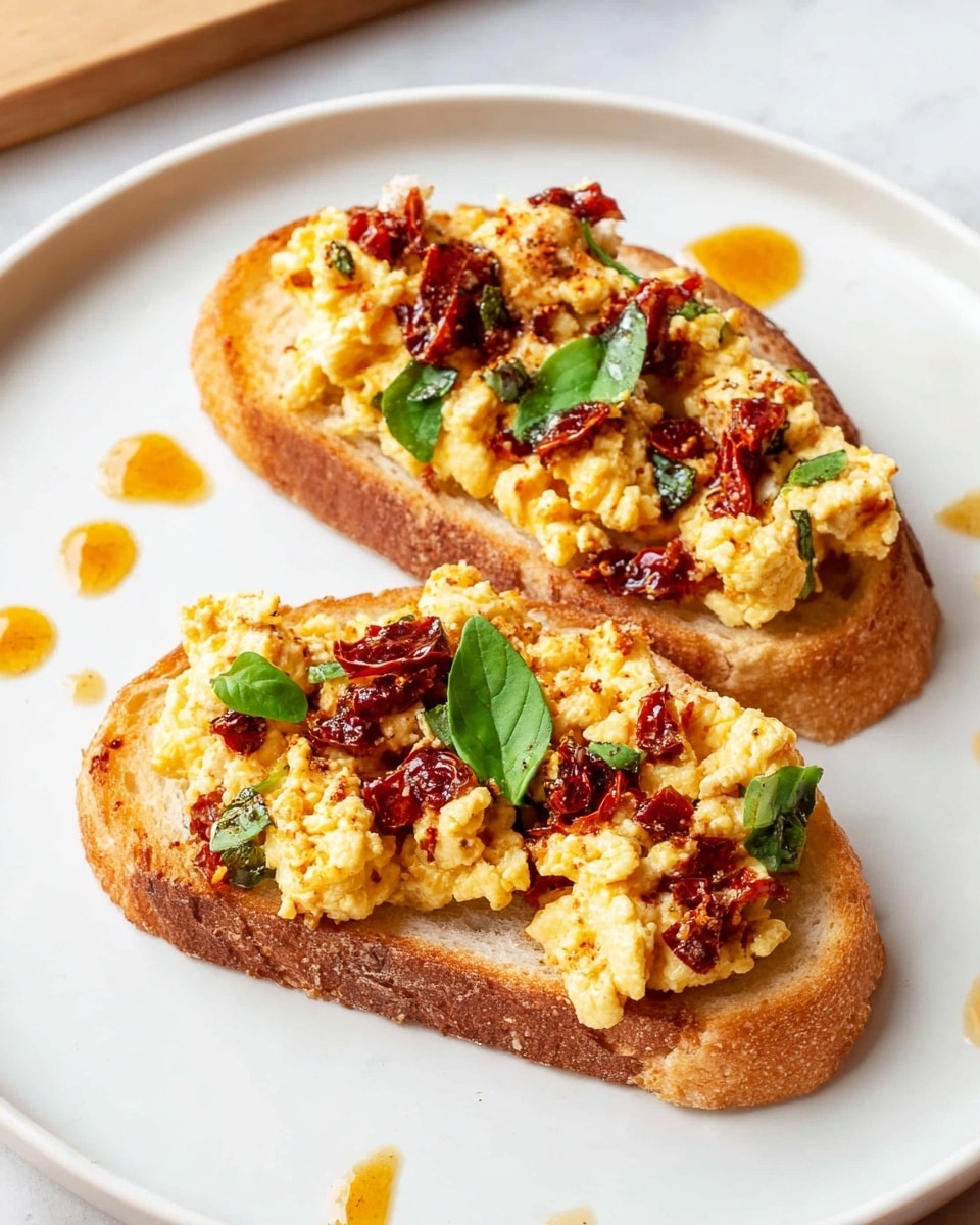 Two slices of toasted bread sit on a white plate with a white marbled background. Each slice has a layer of soft, scrambled eggs mixed with bits of red sun-dried tomatoes and small green basil leaves on top. The eggs are creamy yellow with slightly browned edges. Small drops of orange oil are scattered around the plate, adding color contrast to the image. The plate is simple and clean, focusing on the rich texture and colors of the toast topping. photo taken with an iphone --ar 4:5 --v 7