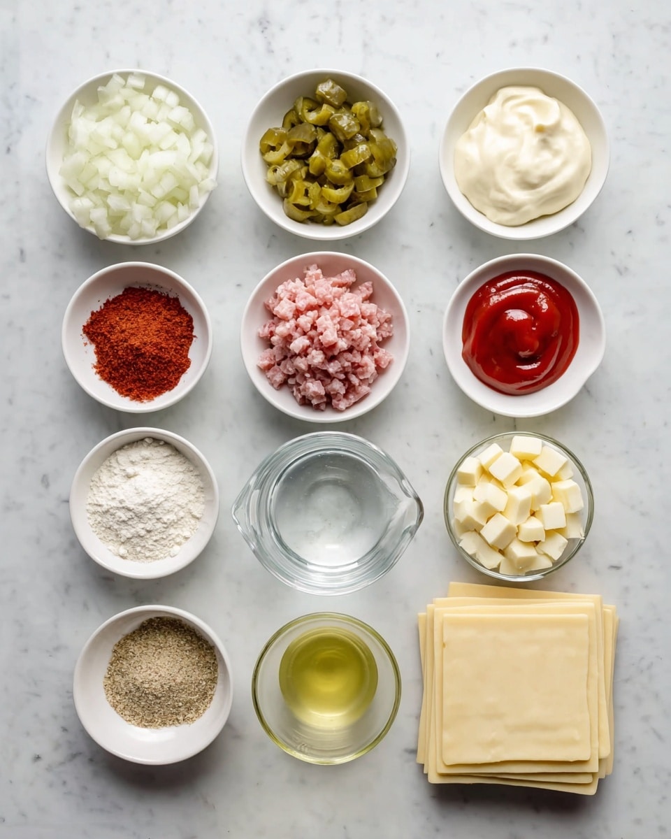 A flat lay image showing a white marbled surface with several small white bowls arranged in a loose grid. The top row has four bowls containing chopped white onions, diced pickles in green, creamy white mayonnaise, and smooth red ketchup. Below, from left to right, there is a small white bowl with reddish powder, a white bowl with finely chopped pink meat, a white bowl filled with small cubes of pale yellow cheese, and a white bowl with grated light yellow cheese. In the bottom row, three small white bowls contain white sugar, brownish caraway seeds, and white flour. Next to these bowls is a small clear glass bowl with water. In the lower right corner, a clear glass measuring cup is filled with light yellow oil. At the bottom center of the image, a neat stack of square, pale yellow dough sheets is placed flat on the marble. The photo is taken with an iphone --ar 4:5 --v 7