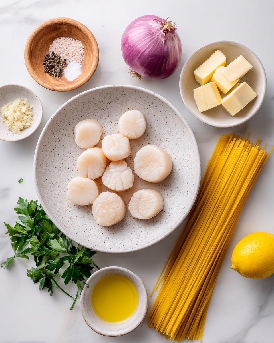 Quick Scallops with Pasta Recipe 4 A white speckled plate holds a single layer of round, pale scallops with a soft, smooth texture. To the right of the plate, there is a neat pile of long, straight, yellow spaghetti strands laid horizontally on the white marbled surface. Above the spaghetti, a small wooden bowl contains light pink salt and black pepper. Above the plate, a whole purple shallot sits on the white marbled surface. To the top right, a small white bowl holds a few light yellow blocks of butter. To the top left, a small white bowl contains minced, pale yellow garlic. Below that, a shallow white bowl holds a whole bright yellow lemon. To the left of the plate, a small white bowl has fresh flat green parsley leaves. Below the plate, a small white bowl holds clear golden olive oil. All ingredients are arranged neatly on a clean white marbled surface, photo taken with an iphone --ar 4:5 --v 7