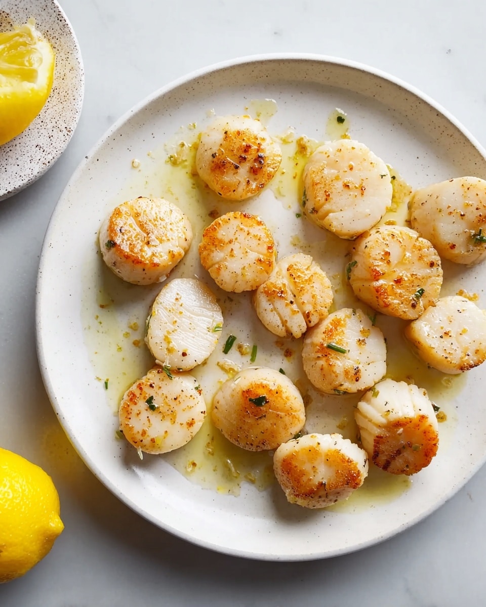 Quick Scallops with Pasta Recipe 5 A white plate holds about sixteen scallops, each round and pale with light golden-brown sear marks on top giving a slightly crispy texture. The scallops are spread evenly across the plate, glistening with a small amount of oil or butter that pools lightly around them. The plate sits on a white marbled surface with a whole lemon on a speckled small white plate visible to the left side. The overall look is simple, fresh, and clean. photo taken with an iphone --ar 4:5 --v 7