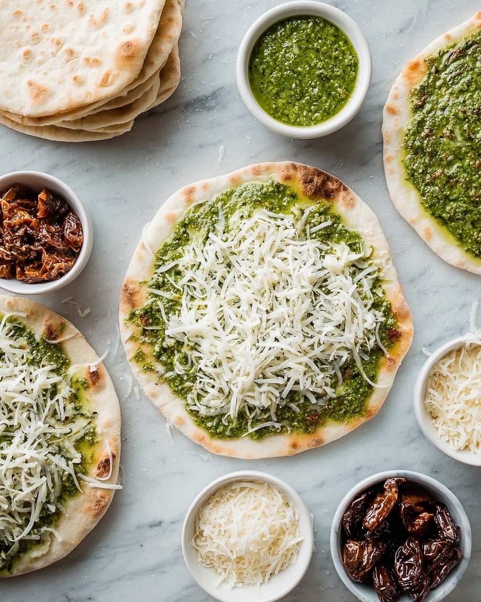 Pesto Sausage Flatbread Recipe 5 The image shows two flatbreads on a white marbled surface, each topped with a vibrant green pesto sauce spread evenly across the surface. One flatbread has an additional layer of shredded white cheese scattered on top of the pesto, adding texture and a light color contrast. Around the flatbreads, there are several small white bowls containing different ingredients: one with green pesto sauce, one with grated white cheese, one with dark brown sun-dried tomatoes, and another bowl with a light-colored powder, likely Parmesan cheese. In the upper left corner, a small stack of plain flatbreads is placed on the white marbled surface. The overall scene looks clean, fresh, and inviting. photo taken with an iphone --ar 4:5 --v 7