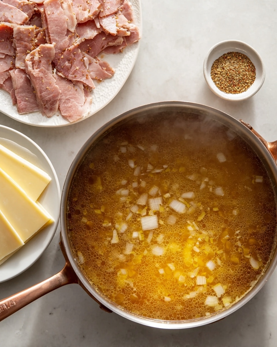 A silver pan filled with a simmering golden-brown liquid broth that has small pieces of translucent diced onions floating on the surface, producing light steam. To the left, a white plate holds thin slices of pinkish roast meat with darker edges and specks of seasoning. Below the pan, a small white plate contains three layers of pale yellow Swiss cheese slices with holes. A tiny white bowl filled with a coarse brown spice blend is placed near the roast meat. All items rest on a white marbled surface. photo taken with an iphone --ar 4:5 --v 7