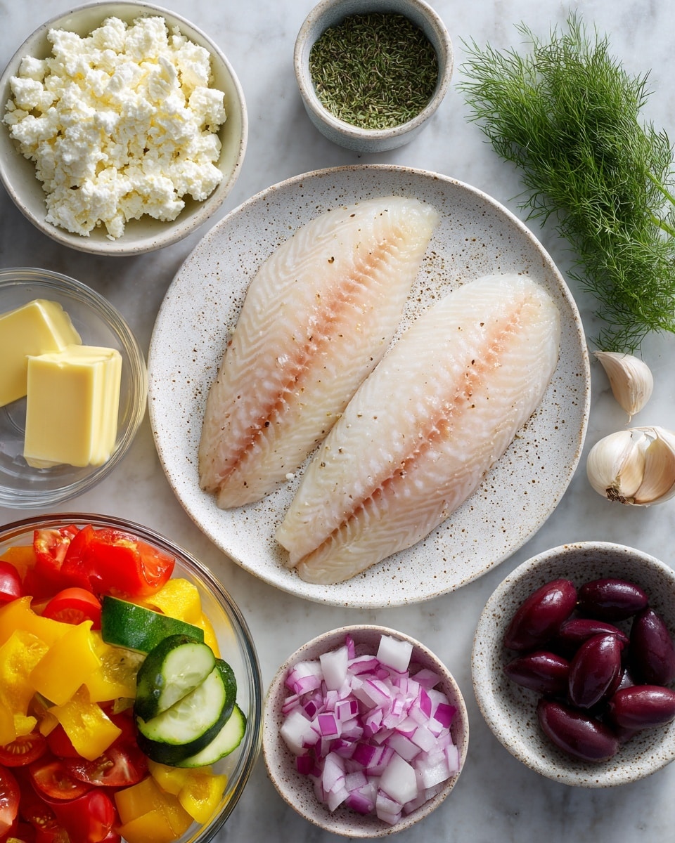 The image shows fresh ingredients arranged on a white marbled surface. In the center, two pale, smooth tilapia fillets sit on a speckled white plate, lightly seasoned with salt and pepper. To the top left, crumbled white feta cheese fills a small white bowl. Above right, a small white bowl with green fresh dill is visible. Below that, dark purple olives rest in a white bowl. To the bottom right, a small speckled white bowl holds a single peeled garlic clove. A glass measuring cup with a square piece of pale yellow butter is placed nearby. In the bottom left corner, a clear glass bowl contains colorful chopped vegetables: bright yellow bell pepper, green zucchini, red onion slices, halved cherry tomatoes, and a sprinkle of dried oregano on top. The photo taken with an iphone --ar 4:5 --v 7