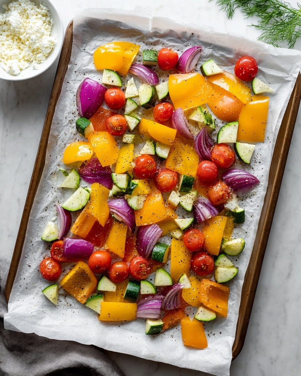 A baking tray lined with white parchment paper holds a colorful mix of chopped vegetables spread evenly. The bottom layer has large, bright yellow bell pepper pieces with smooth, shiny surfaces. On top, there are whole small reddish-orange grape tomatoes, adding round, glossy pops of color. Scattered among these are thick slices of purple-red onion, each segment showing layers with a slightly translucent texture. Small, chopped green zucchini pieces with soft white centers are mixed in throughout, adding fresh, crisp-looking green and white spots. The vegetables are lightly sprinkled with coarse black pepper and seasoning. The tray sits on a white marbled surface with a bowl of white cheese visible in the top left corner and some green dill on the right. Photo taken with an iphone --ar 4:5 --v 7