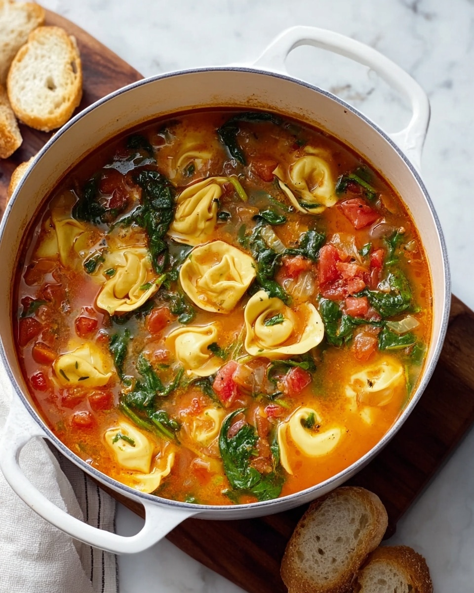 A white pot is filled with a vibrant soup showing three main layers: a red-orange broth base with a smooth texture, diced red tomatoes and translucent onion pieces scattered throughout, and bright green spinach leaves sitting mostly on top, adding freshness and color contrast. Floating in the soup are several light yellow tortellini with a slightly wrinkled texture, evenly spread on the surface. The pot is placed on a brown wooden board, set against a white marbled background, with slices of light golden bread on the side, inviting to be dipped into the warm soup. photo taken with an iphone --ar 4:5 --v 7