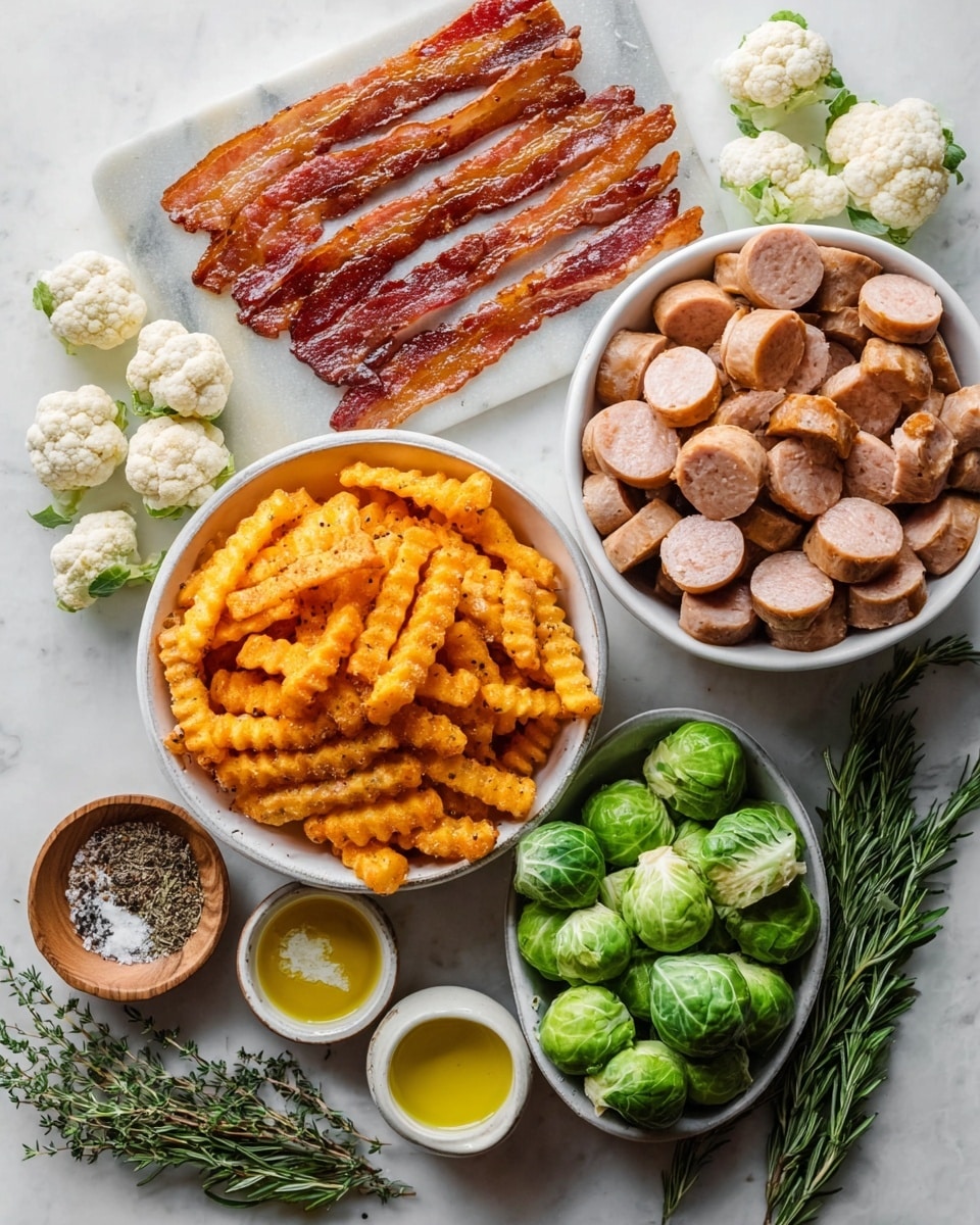 The image shows four white bowls placed on a white marbled surface. The top left bowl contains five crispy, reddish-brown bacon strips arranged side by side. The top right bowl has many slices of light brown sausage, showing a smooth texture with some nut-like pieces inside. The bottom left bowl is filled with bright orange crinkle-cut fries that look crunchy. Around the bowls on the white marbled surface are fresh green Brussels sprouts, white cauliflower florets, a small round wooden bowl of black pepper and salt, fresh green herb sprigs (rosemary and thyme), a white bowl with dried herbs, and a short white ceramic bowl filled with yellow olive oil photo taken with an iphone --ar 4:5 --v 7