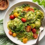 Pesto Ravioli with Cherry Tomatoes, Peas, and Fresh Basil Recipe