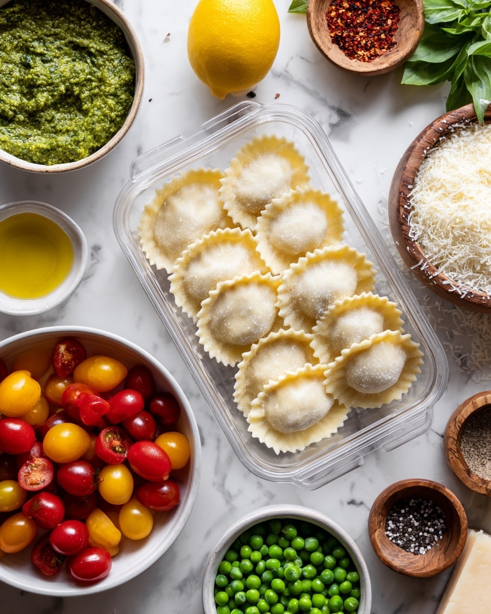 Pesto Ravioli with Cherry Tomatoes, Peas, and Fresh Basil Recipe 4 The image shows a clear plastic container filled with pale yellow ravioli with a scalloped edge, placed near the center on a white marbled surface. Surrounding the container are several white bowls: a large bowl on the left filled with vibrant green pesto, a medium bowl below with a mix of red and yellow cherry tomatoes, a small bowl with golden olive oil, another medium bowl at the bottom right with bright green frozen peas, a small wooden bowl to the right with black and white speckled salt and pepper, and a larger bowl next to it filled with grated white Parmesan cheese. There is a small wooden bowl containing red pepper flakes near the top and a fresh green basil bunch to the right. Half a yellow lemon is positioned at the top. Photo taken with an iphone --ar 4:5 --v 7