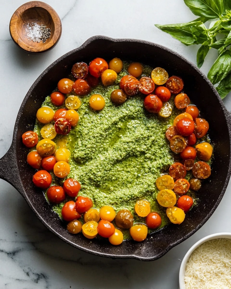 Pesto Ravioli with Cherry Tomatoes, Peas, and Fresh Basil Recipe 5 The image shows a black cast iron pan filled with a vibrant dish. The base layer is a thick, textured green sauce spread irregularly in the center. Around the green sauce, there is a ring of small round cherry tomatoes in shades of bright orange, yellow, and deep red, some with a slightly glossy and juicy surface. The pan is placed on a white marbled surface, and on the side, there is a small wooden bowl containing coarse salt and black pepper and a white bowl with grated cheese. Bright green basil leaves are partially visible at the top right corner. Photo taken with an iphone --ar 4:5 --v 7