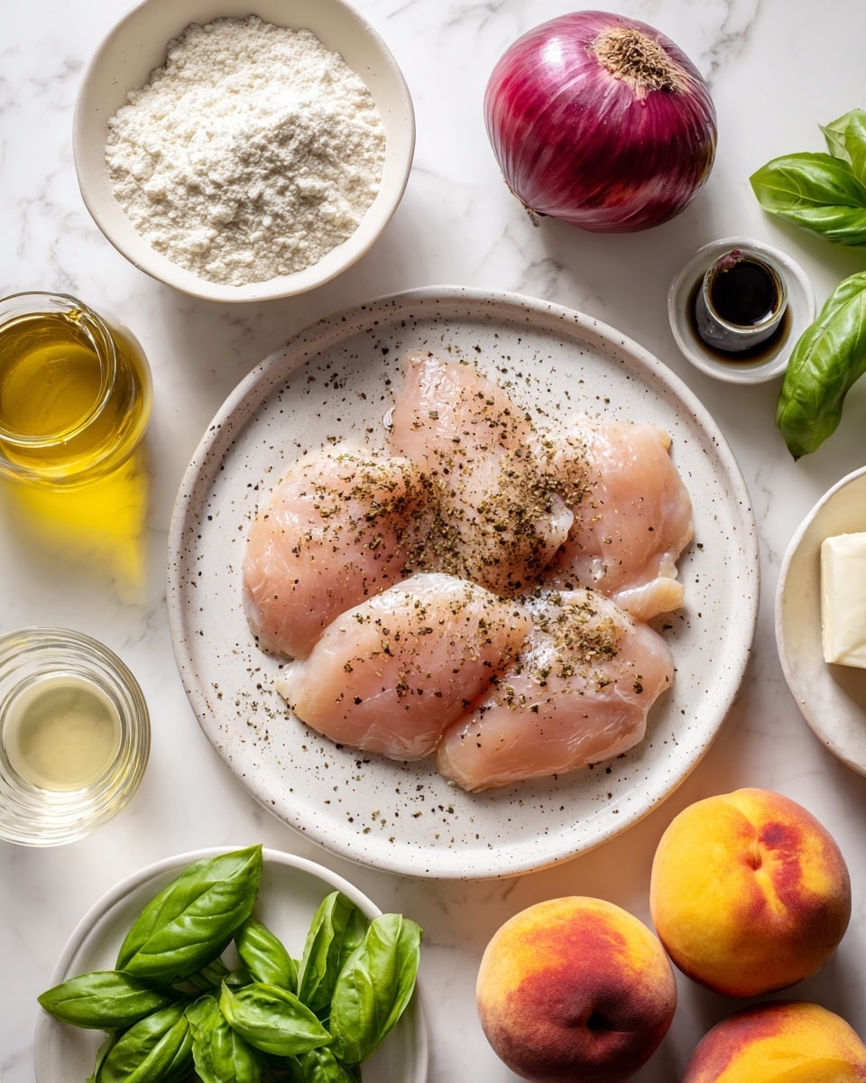 The image shows a white speckled round plate at the center holding three pieces of raw chicken meat sprinkled with black pepper and salt. Around the plate, several small white bowls and ingredients are placed on a white marbled surface: at the top, a bowl of white flour and a small jar of dark balsamic vinegar, next to a tiny white bowl holding butter and olive oil. To the left, a small white plate carries fresh green basil leaves and below it, a whole red onion. At the bottom left, a clear glass bowl contains light broth or white wine. At the bottom right, two fresh yellow and orange peaches lie side by side near a small white bowl holding a piece of white mozzarella cheese. Photo taken with an iphone --ar 4:5 --v 7