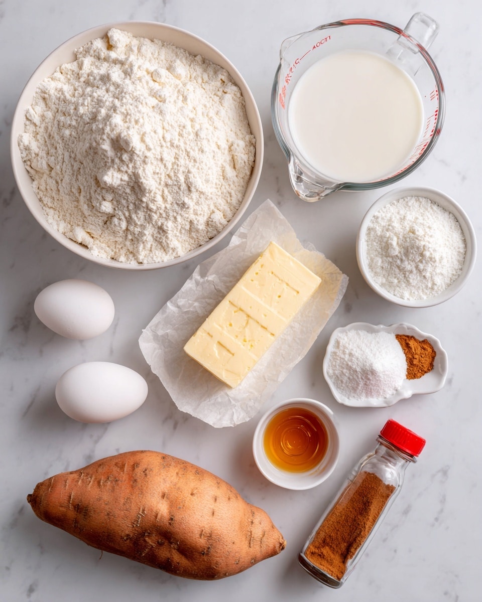 The image shows ingredients neatly arranged on a white marbled surface. At the top left is a large white bowl filled with white flour with a slightly powdery texture. To the right, there is a clear measuring cup holding white milk. Below the milk, a small white bowl contains granulated white sugar. In the center is a whole sweet potato with a rough orange-brown skin. Next to it is a stick of pale yellow butter wrapped partially in paper that has measurement markings. To the right of the butter is a small white dish with white baking powder forming two small mounds. Below these, there is a tiny glass jar with amber vanilla extract and next to it a clear bottle of brown ground cinnamon with a red lid. In the bottom left corner, two smooth white eggs are placed close to each other. photo taken with an iphone --ar 4:5 --v 7