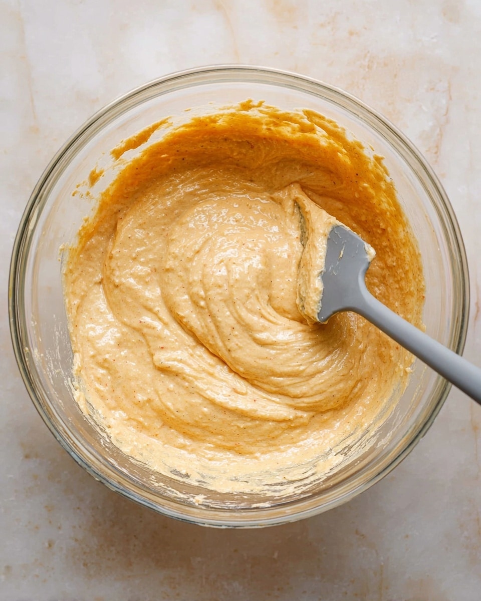 A clear glass bowl holds a creamy, light orange batter with a smooth and slightly airy texture, sitting on a white marbled surface. A gray spatula is partially submerged in the batter on the right side of the bowl, with some batter clinging to its edge. The batter fills most of the bowl, with slight ridges and swirls showing where it has been stirred. The background is softly blurred, focusing on the bowl and its contents. photo taken with an iphone --ar 4:5 --v 7