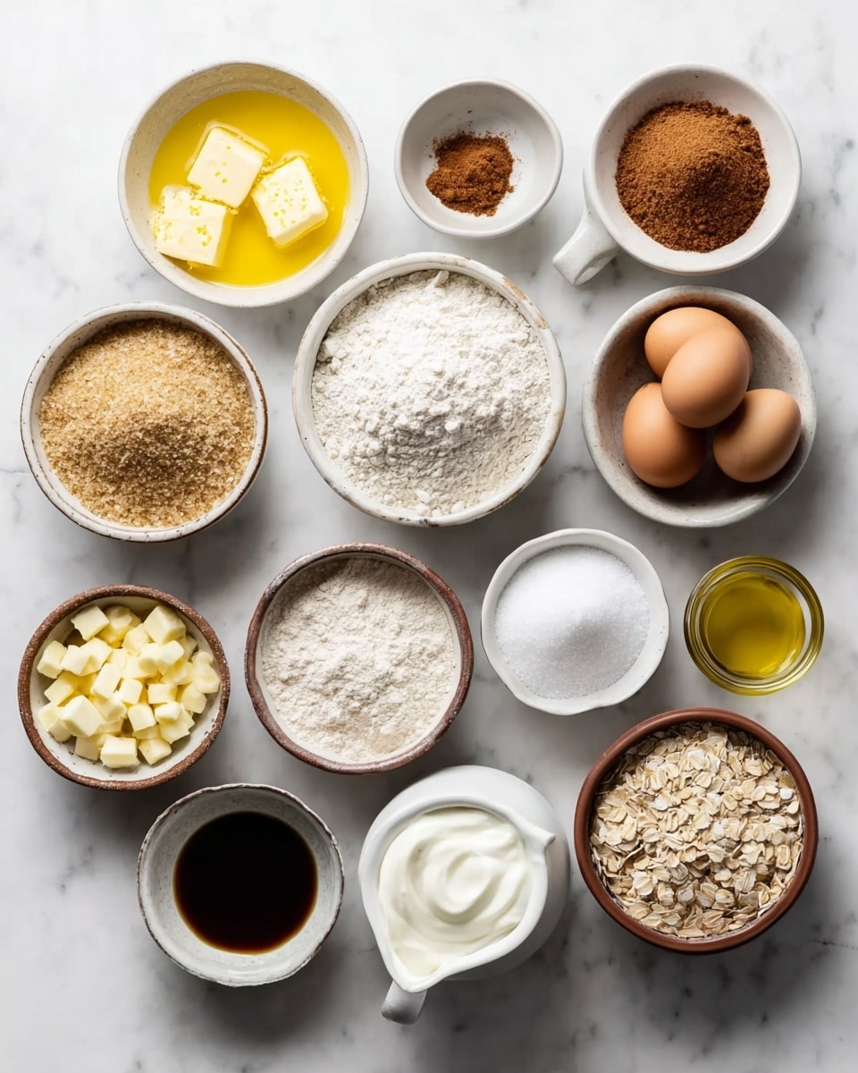 Many small white and brown bowls are placed on a white marbled surface, each holding different ingredients. There are two bowls with melted yellow butter, several bowls of white flour with different textures, light brown sugar in a small bowl, rolled oats, white salt, and brown cinnamon powder. A white bowl holds white sugar, another bowl has small yellow and white diced pieces that look like fruit. Three brown eggs are in a white bowl, a white bowl with thick white cream, a small white pitcher with milk, a small glass bowl with a golden oil, and a small dark bowl with dark liquid, all arranged neatly. The whole scene is bright and clean. photo taken with an iphone --ar 4:5 --v 7